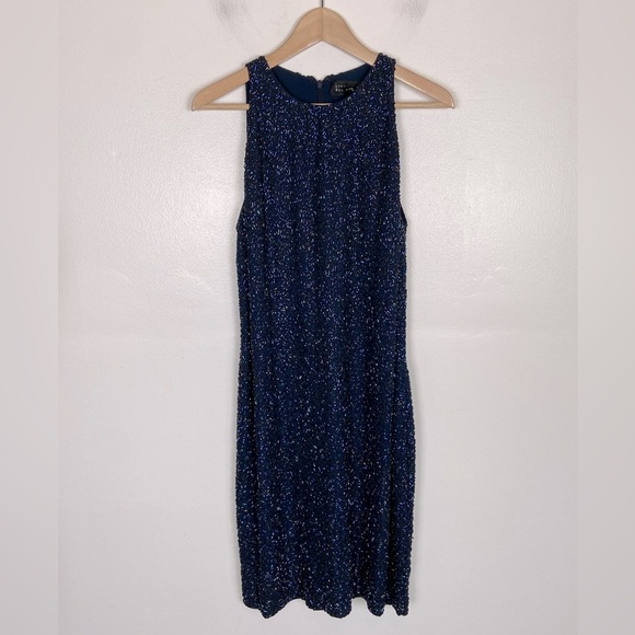 Linda Allard Ellen Tracy Silk Beaded Mini Dress Size 12 Blue Embellished RT $915 - Picture 4 of 13